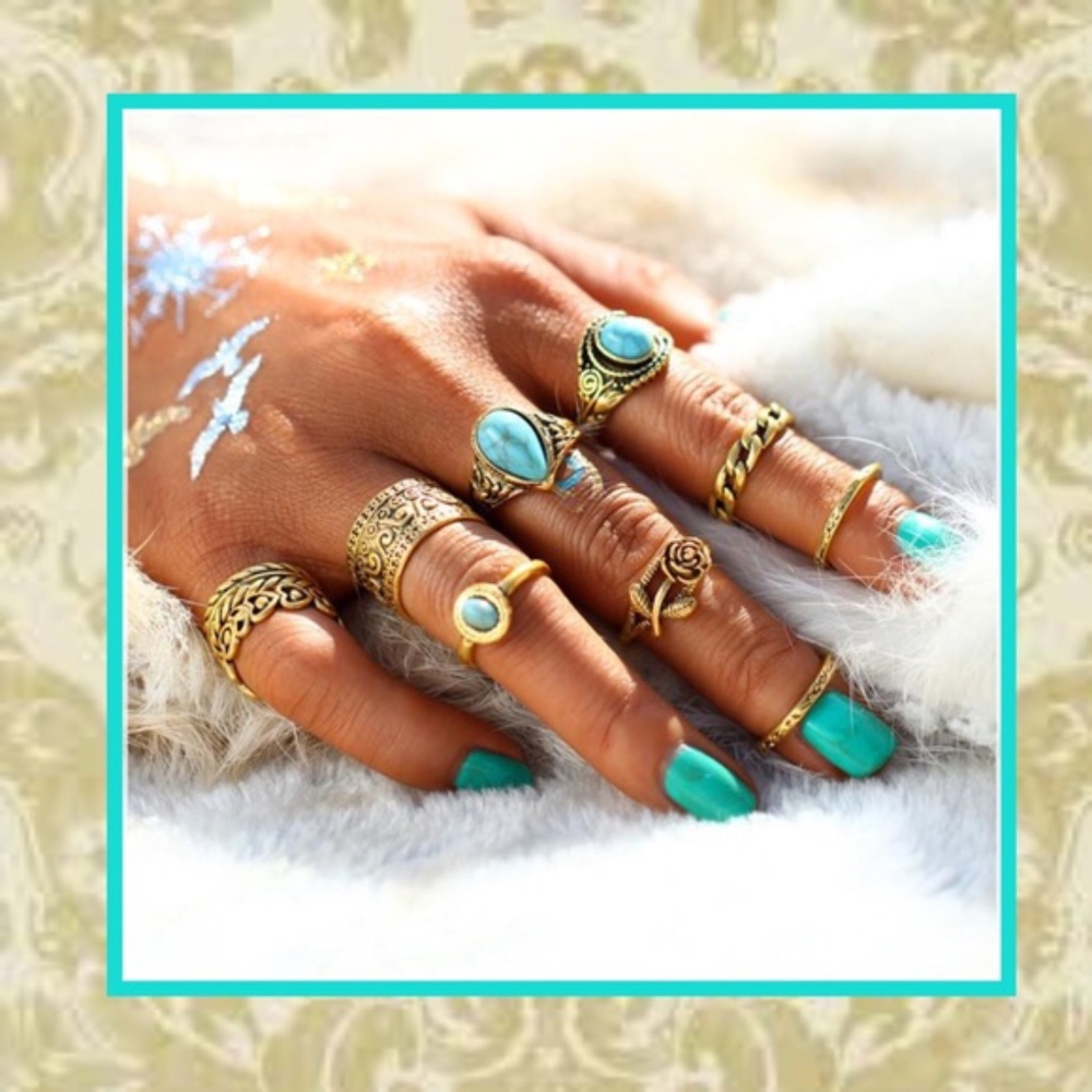 🌺 10PC GOLD & TEAL MIDI KNUCKLE FINGER RINGS BOHO GYPSY CHIC TRIBAL SET BUNDLE